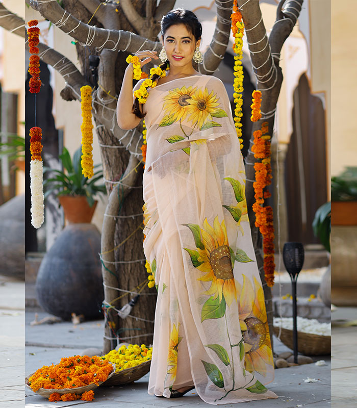 Peach Kota Doria Hand Painted Saree - Zakarto