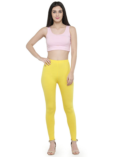 Yellow Color 4 Way Cotton Lycra Ankle length Leggings
