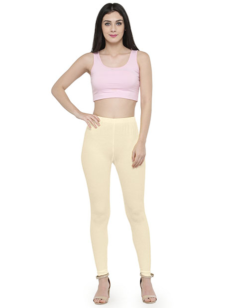 Off White color stretchable cotton ankle Leggings - LGA16