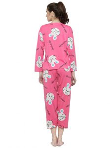 Pink Color Women Pink White Printed Nightwear Pajama Loungewear Set