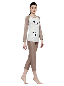 Brown Color Women Brown White Printed Nightwear Pajama Loungewear Set