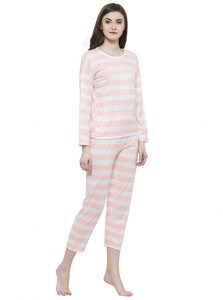 White Color Women White Pink Printed Nightwear Pajama Loungewear Set