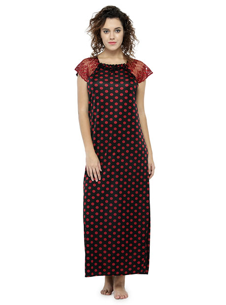 Maroon Color Women'S Long Night Gown For Women with Polka Dot Print