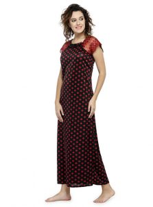 Maroon Color Women'S Long Night Gown For Women with Polka Dot Print