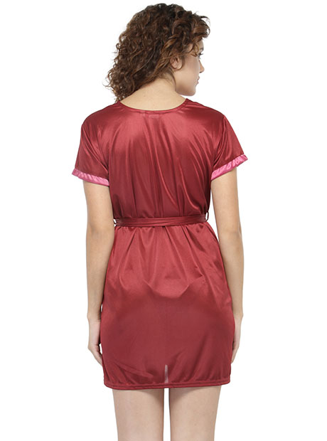 Maroon Color Women Solid Short Sleeve Satin Robe with Slip