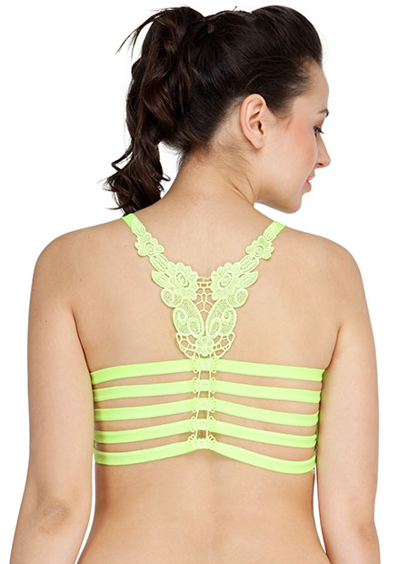 Neon-Green Color Floral Lace Back Padded Bra - Zakarto