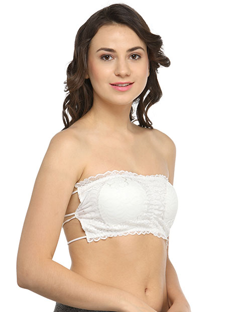 White Color Women Lace No-Strap Cross Cut Out Padded Bra