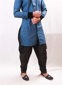 Semi-Kedia Brocade Winter Blue Indo Western Kurta Pajama