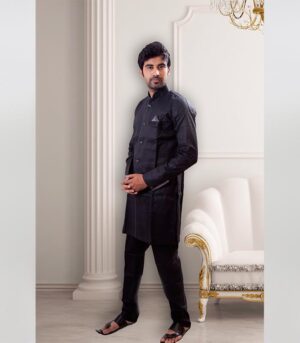 Unique Piping Fancy Fabric Black Pathani Suit/Kurta