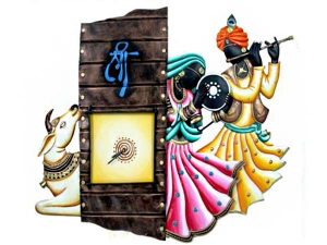 Radha Kishan & Cow Wall-Watch Wrought Iron Handicraft Wall Hanging Showpiece