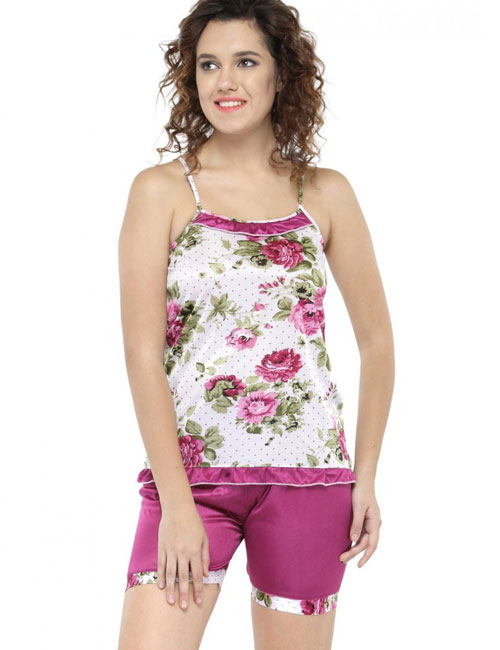 Magenta Color Women Shorts Set Nightwear with Floral Print