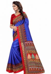 Devdas Blue Printed Bhagalpuri Silk Sarees With Blouse