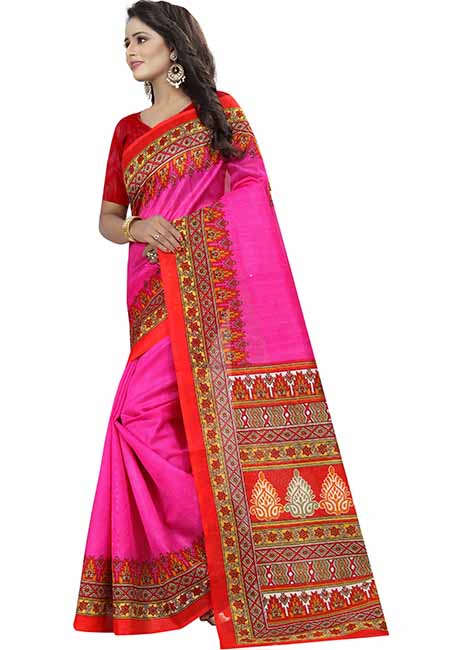 Devdas Pink Printed Bhagalpuri Silk Sarees With Blouse