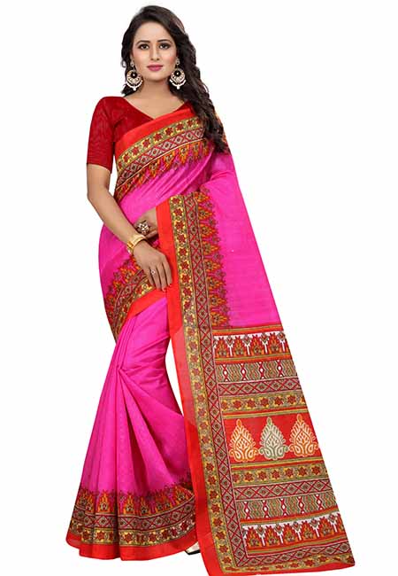 Devdas Pink Printed Bhagalpuri Silk Sarees With Blouse