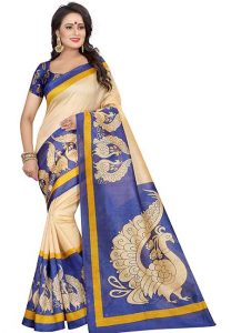 Nilkanth Blue Printed Bhagalpuri Silk Sarees With Blouse