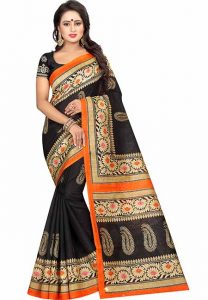 Sampurna Black Printed Bhagalpuri Silk Sarees With Blouse