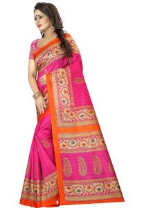 Sampurna Pink Printed Bhagalpuri Silk Sarees With Blouse