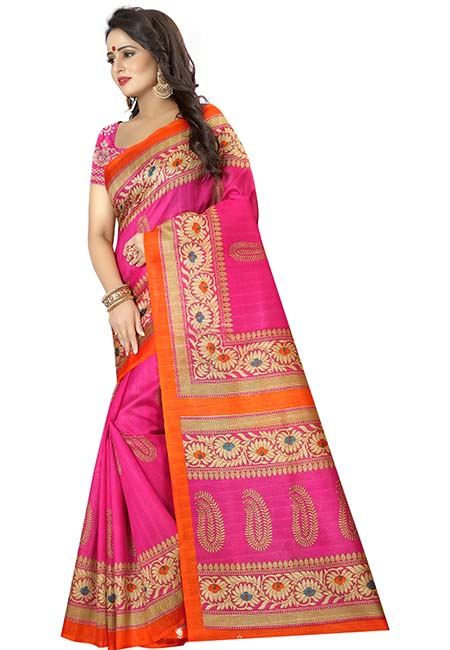 Sampurna Pink Printed Bhagalpuri Silk Sarees With Blouse