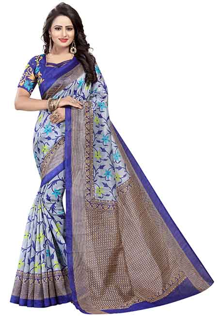Swati Blue Printed Bhagalpuri Silk Sarees With Blouse