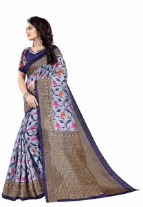 Swati Navy Printed Bhagalpuri Silk Sarees With Blouse