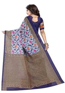 Swati Navy Printed Bhagalpuri Silk Sarees With Blouse