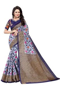 Swati Navy Printed Bhagalpuri Silk Sarees With Blouse