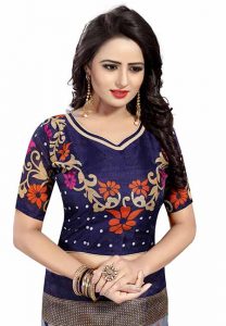 Swati Navy Printed Bhagalpuri Silk Sarees With Blouse