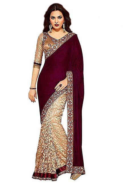 Maroon Velvet Embroidered Lycra & Brasso Sarees With Blouse