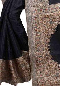 Black Printed Kalamkaari Khadi Silk Sarees With Blouse