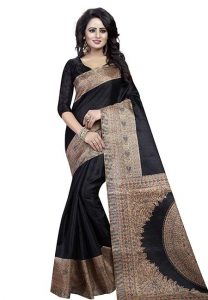 Black Printed Kalamkaari Khadi Silk Sarees With Blouse