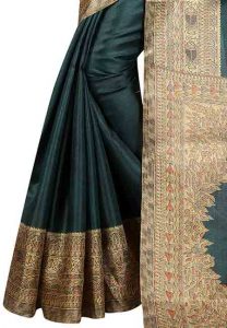 Green Printed Kalamkaari Khadi Silk Sarees With Blouse