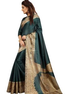 Green Printed Kalamkaari Khadi Silk Sarees With Blouse