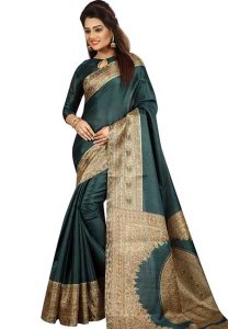 Green Printed Kalamkaari Khadi Silk Sarees With Blouse