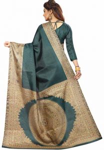 Green Printed Kalamkaari Khadi Silk Sarees With Blouse