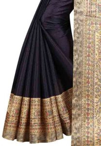 Navy Blue Printed Kalamkaari Khadi Silk Sarees With Blouse