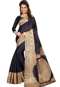 Navy Blue Printed Kalamkaari Khadi Silk Sarees With Blouse