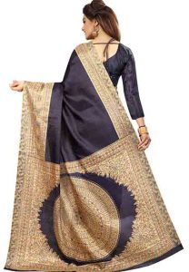 Navy Blue Printed Kalamkaari Khadi Silk Sarees With Blouse