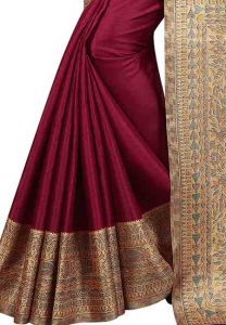 Wine Printed Kalamkaari Khadi Silk Sarees With Blouse