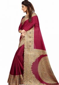 Wine Printed Kalamkaari Khadi Silk Sarees With Blouse