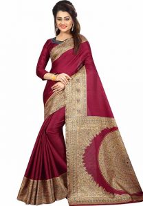 Wine Printed Kalamkaari Khadi Silk Sarees With Blouse