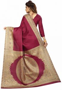 Wine Printed Kalamkaari Khadi Silk Sarees With Blouse