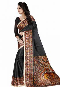 Black Printed Kalamkaari Khadi Silk Sarees With Blouse