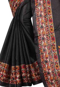 Black Printed Kalamkaari Khadi Silk Sarees With Blouse