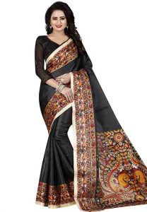 Black Printed Kalamkaari Khadi Silk Sarees With Blouse