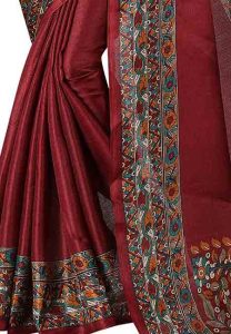 Maroon Printed Kalamkaari Khadi Silk Sarees With Blouse