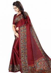 Maroon Printed Kalamkaari Khadi Silk Sarees With Blouse