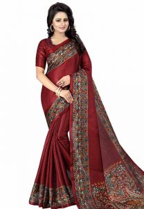 Maroon Printed Kalamkaari Khadi Silk Sarees With Blouse