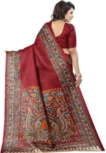 Maroon Printed Kalamkaari Khadi Silk Sarees With Blouse