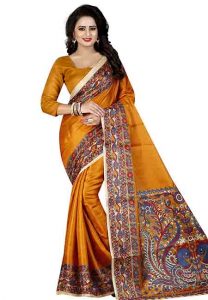 Mustard Printed Kalamkaari Khadi Silk Sarees With Blouse