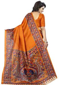 Mustard Printed Kalamkaari Khadi Silk Sarees With Blouse